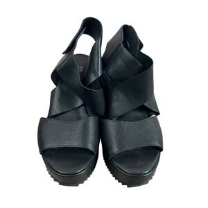 Eileen Fisher Quiet Luxury Black Leather Platform Wedge Sandals 6.5 Minimalist